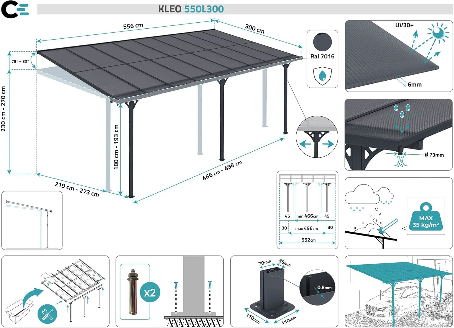 Pergola en aluminium gris 15 m² adossée vue 2