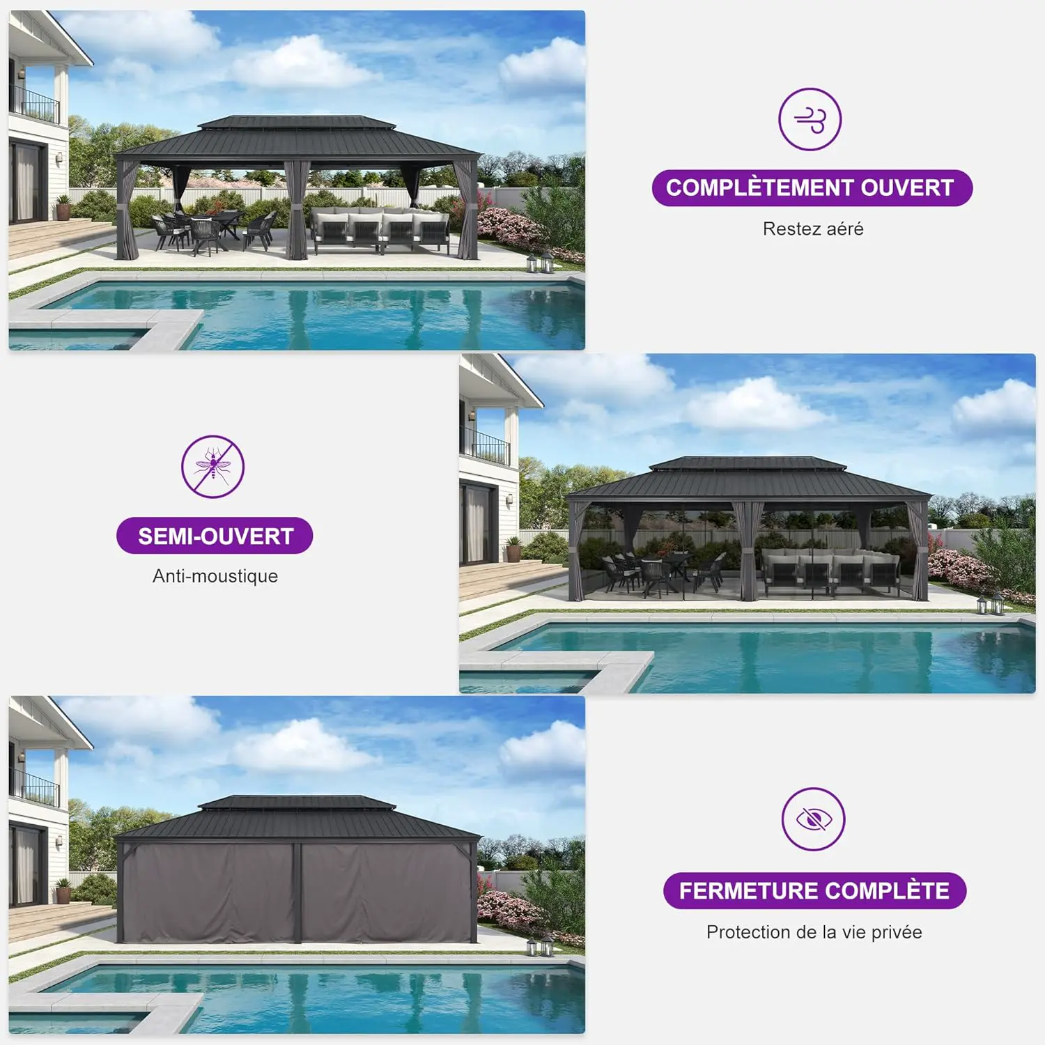 Pergola en aluminium gris 7,32 x 4,25 m vue 3