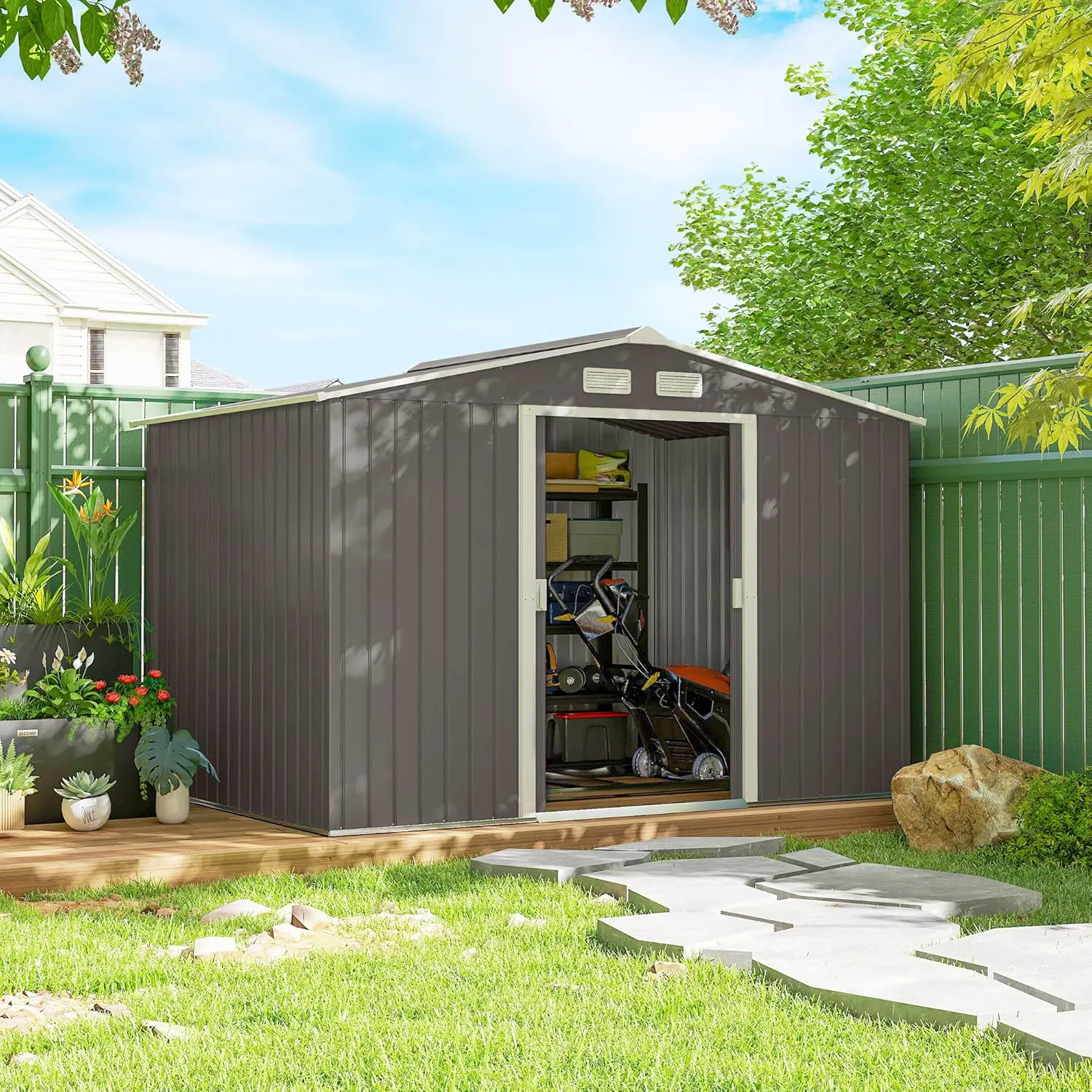 Abri de jardin en métal en acier gris 5,4 m² vue 2