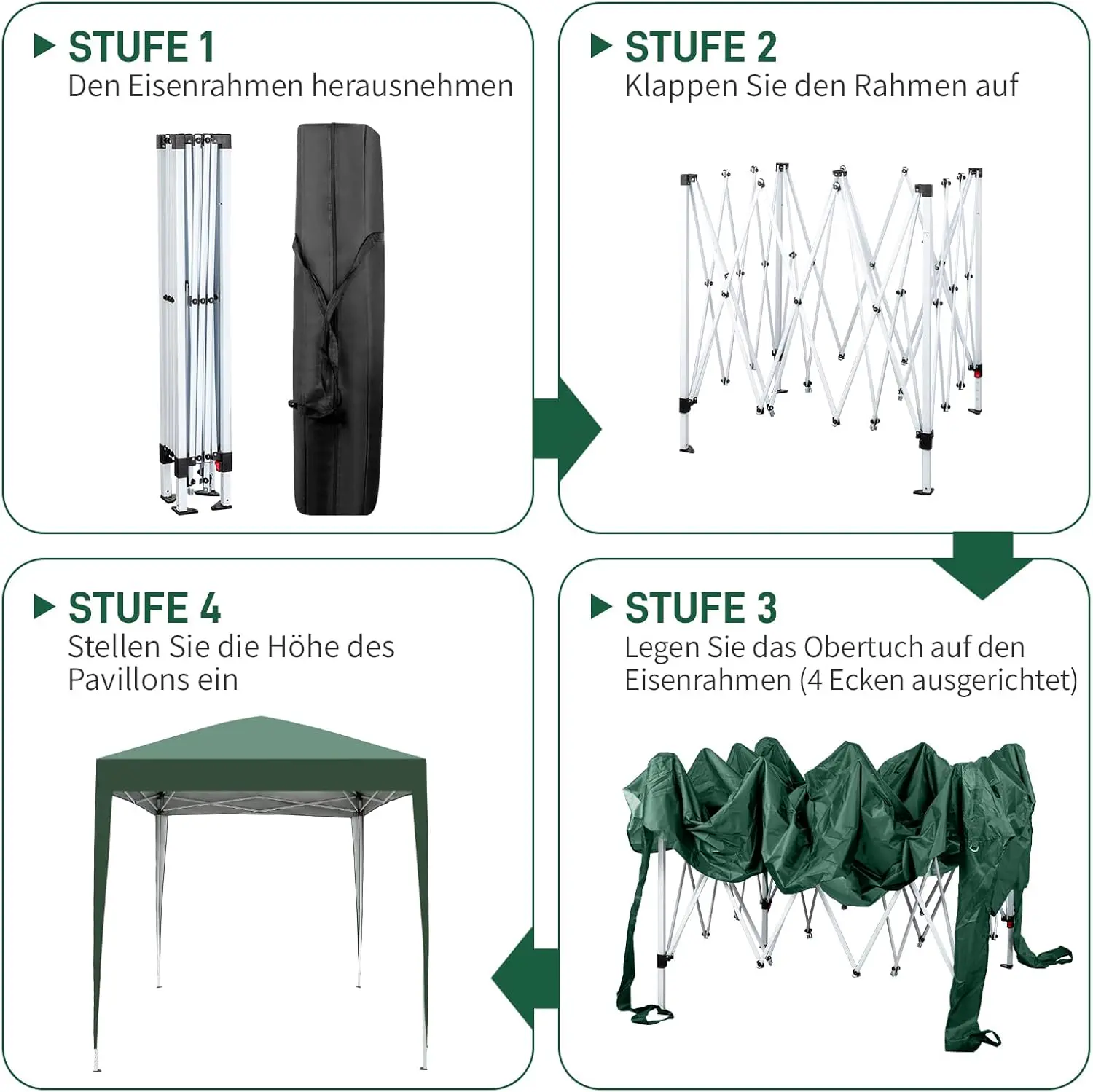 Tonnelle en acier vert 2x2m vue 3