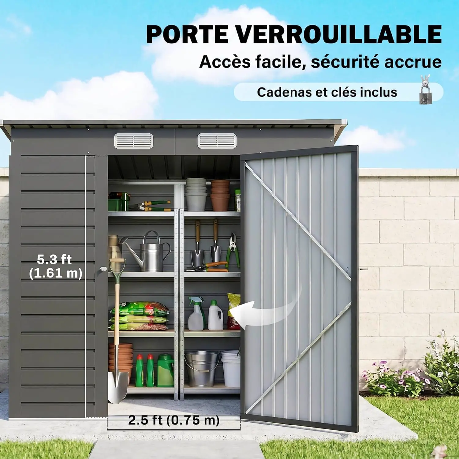 Abri de jardin en métal en acier gris 2,5 m² vue 5