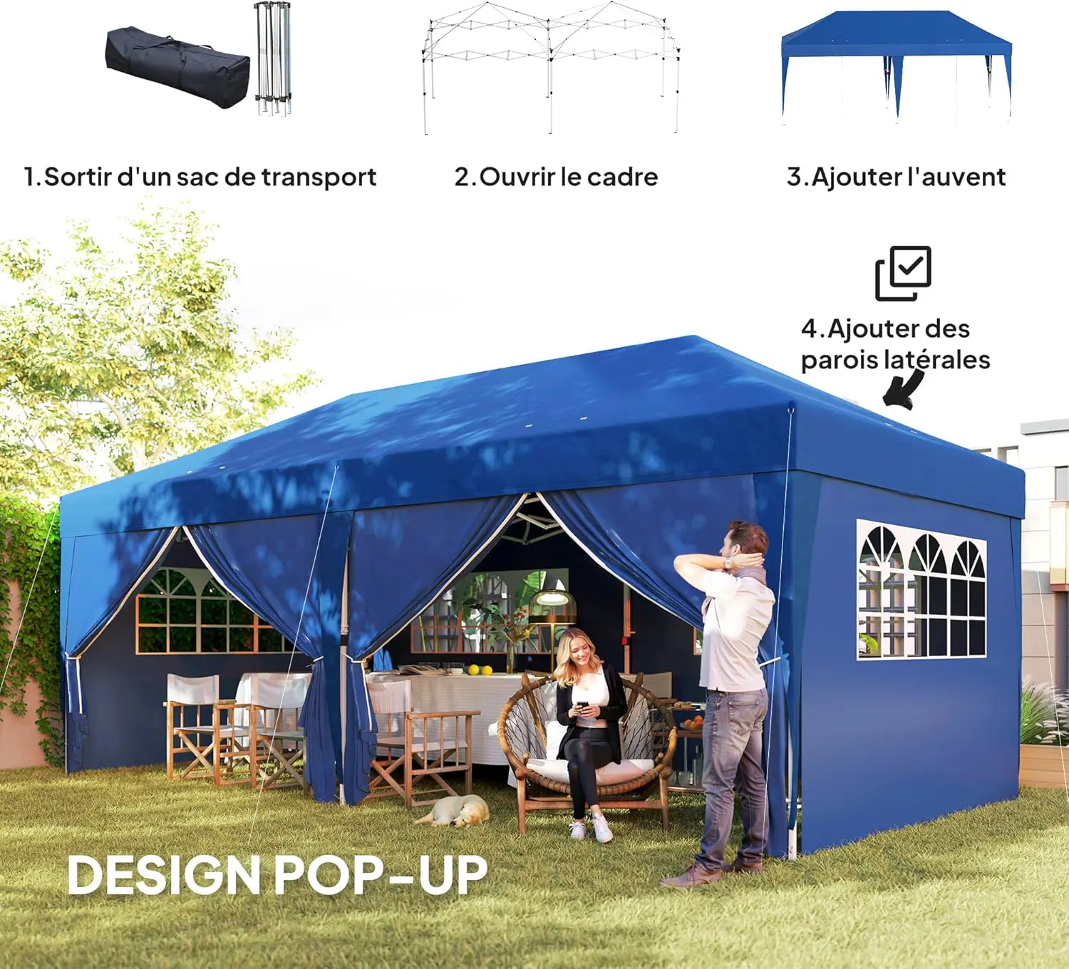 Tonnelle en acier bleu 3 x 6 m vue 3