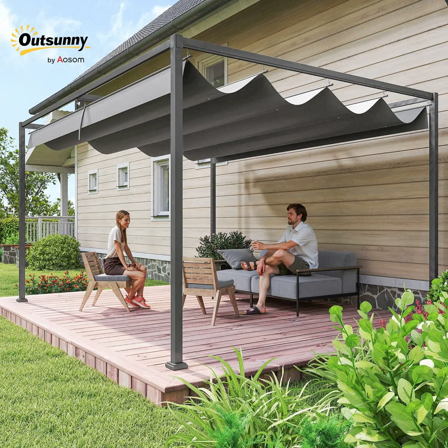 Pergola en métal gris 4 x 3 m rétractable vue 2