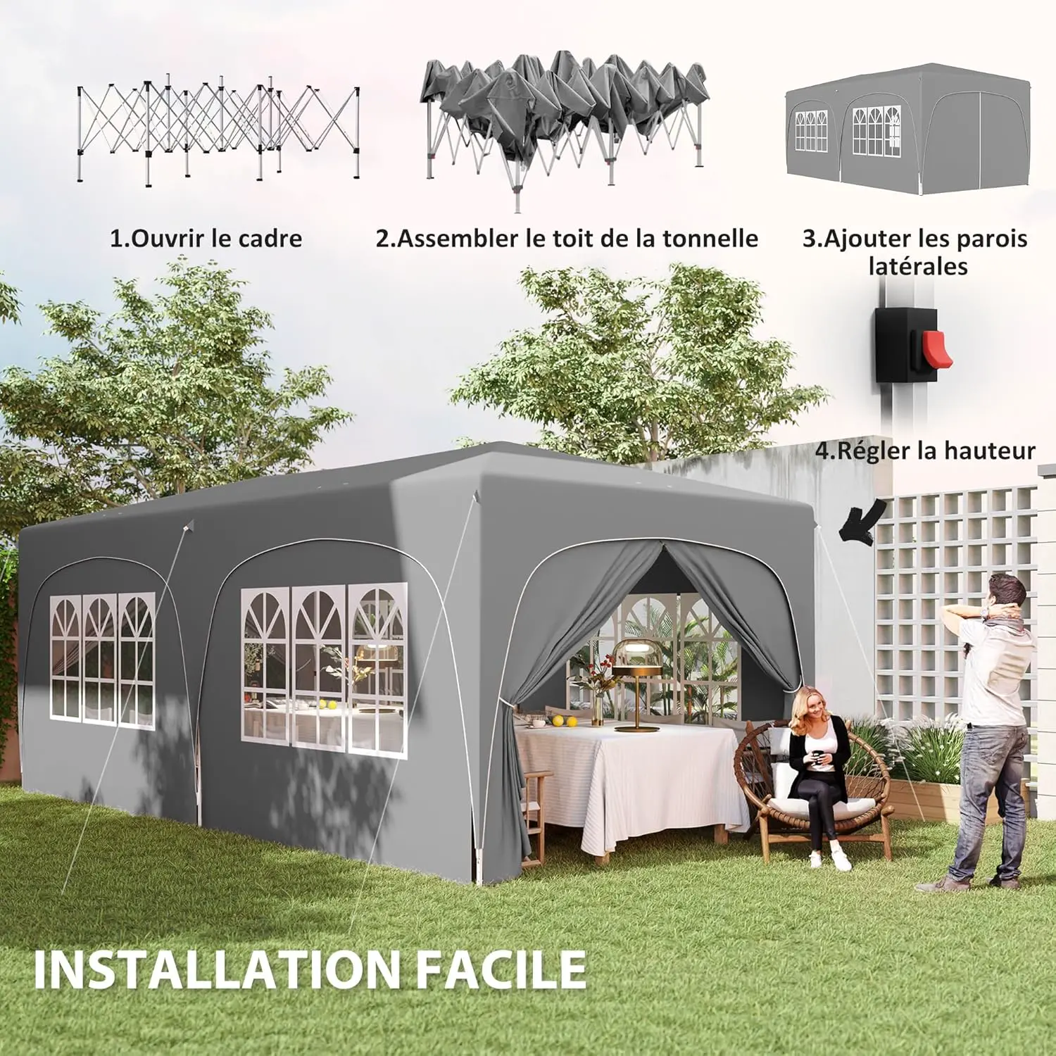 Tonnelle en métal gris 3 x 6 m vue 3