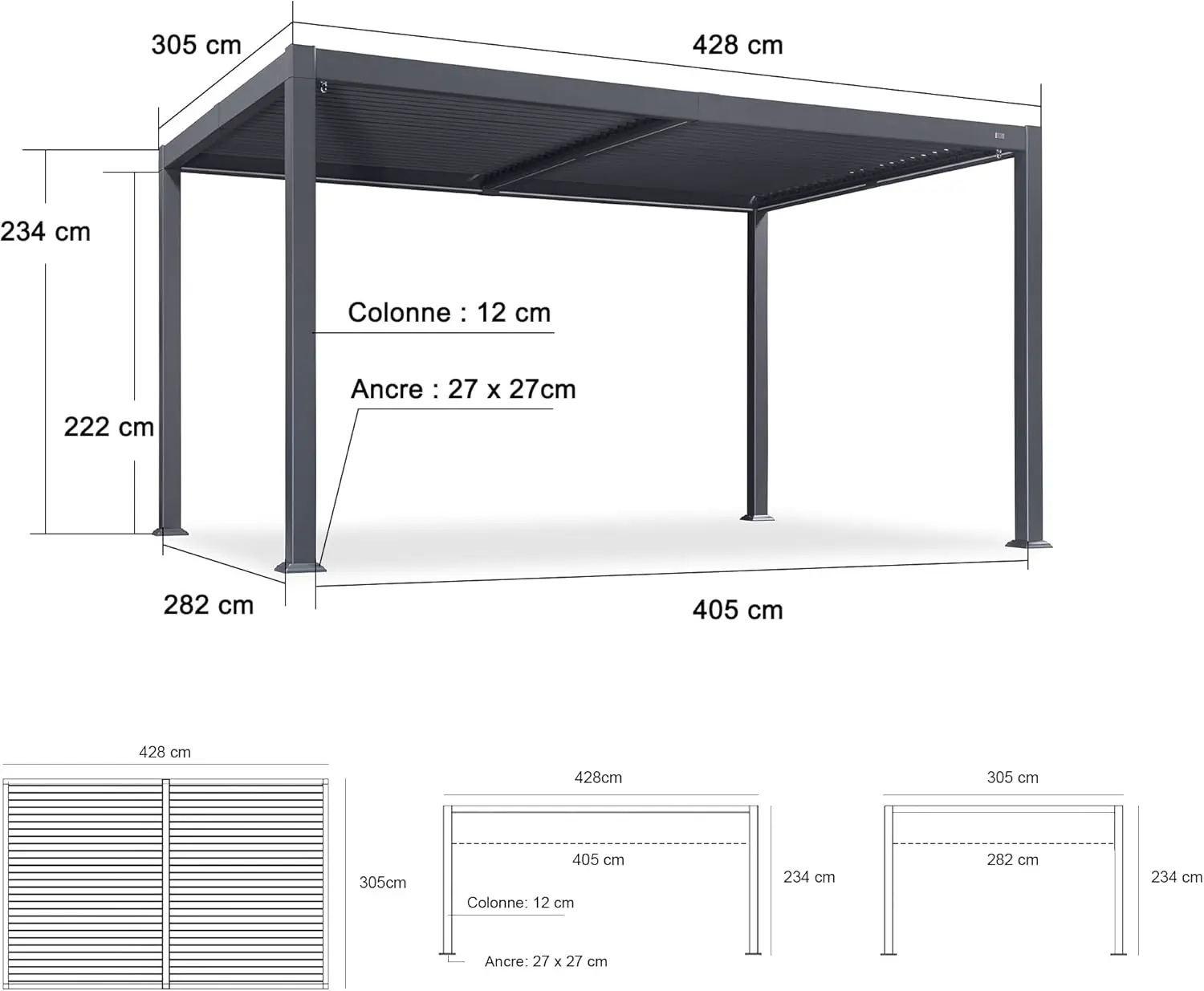 Pergola en aluminium gris 24 m² vue 3