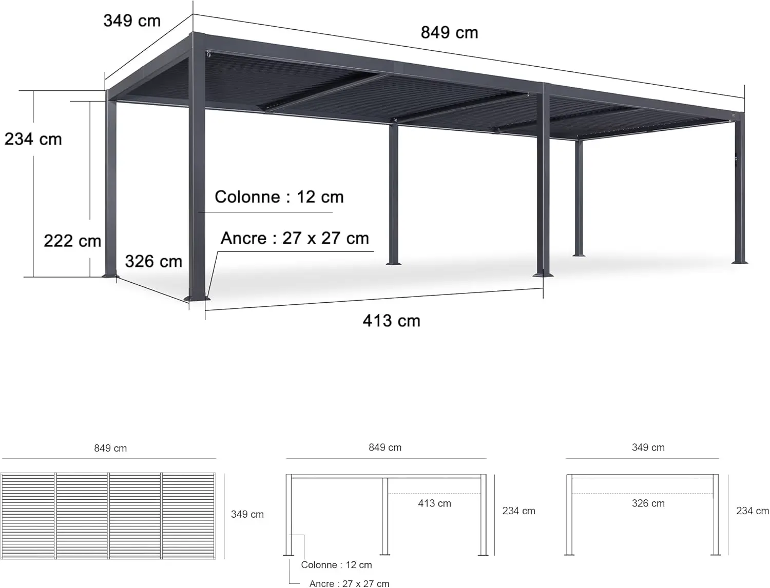 Pergola en aluminium gris 24 m² vue 3