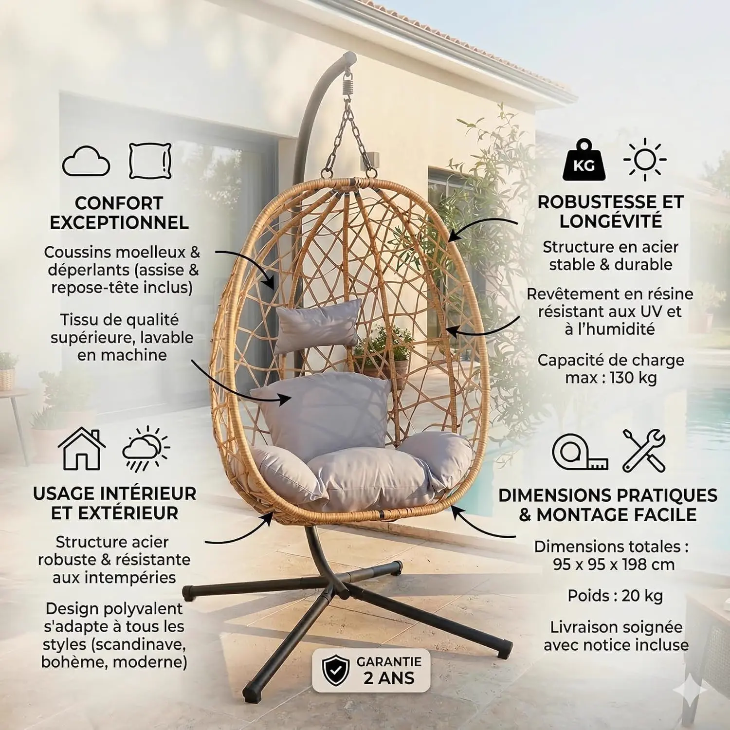 Fauteuils suspendus en rotin naturel 95 x 198 cm vue 2