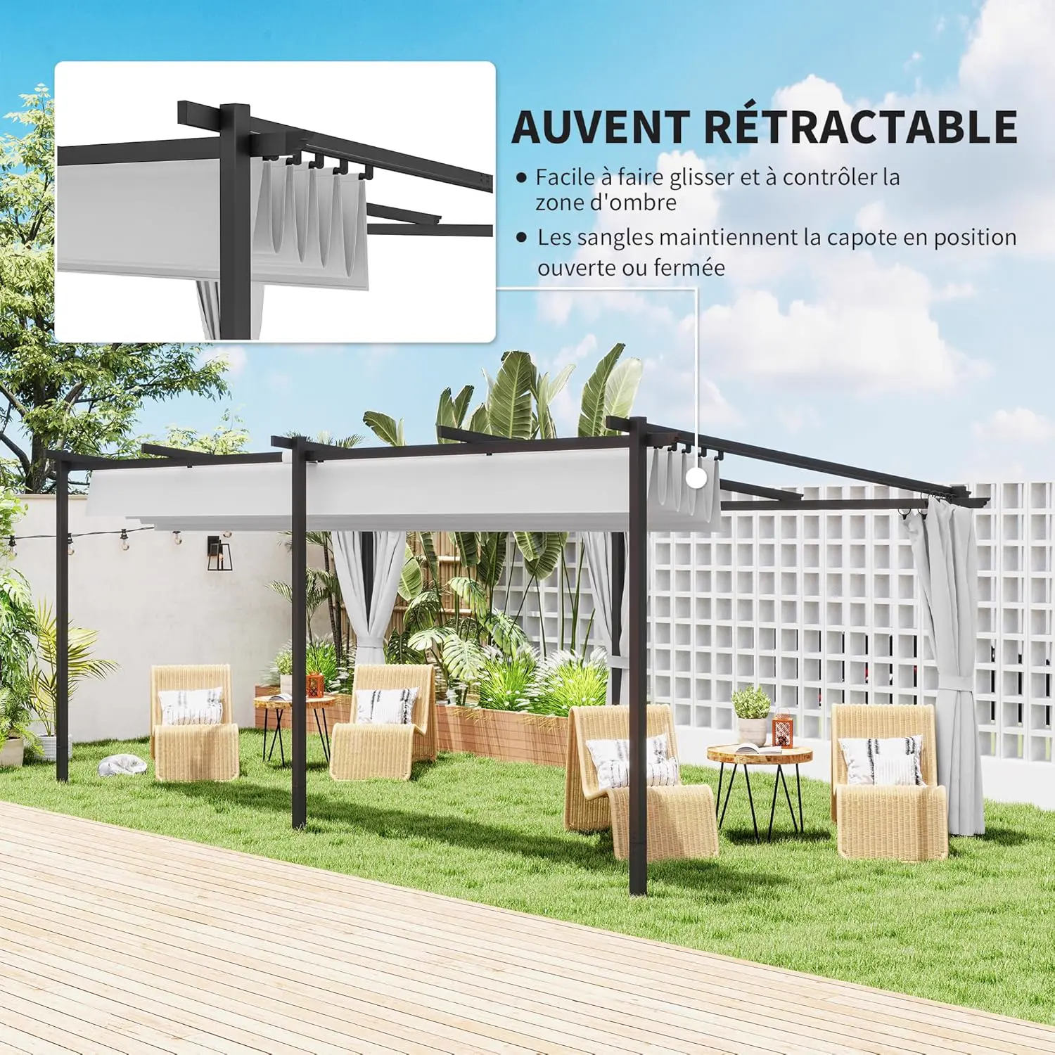 Pergola en métal gris 3 x 6 m rétractable vue 3