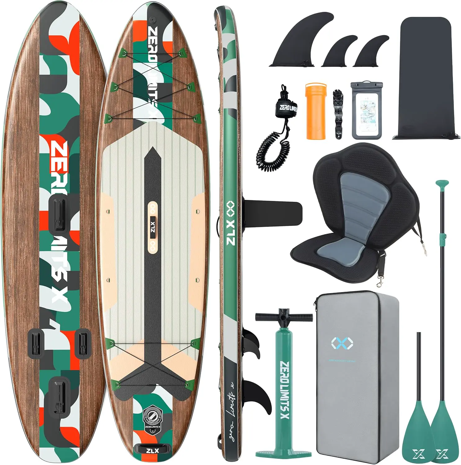 Paddle gonflable 2 places en bois vert 320 x 84cm vue 1