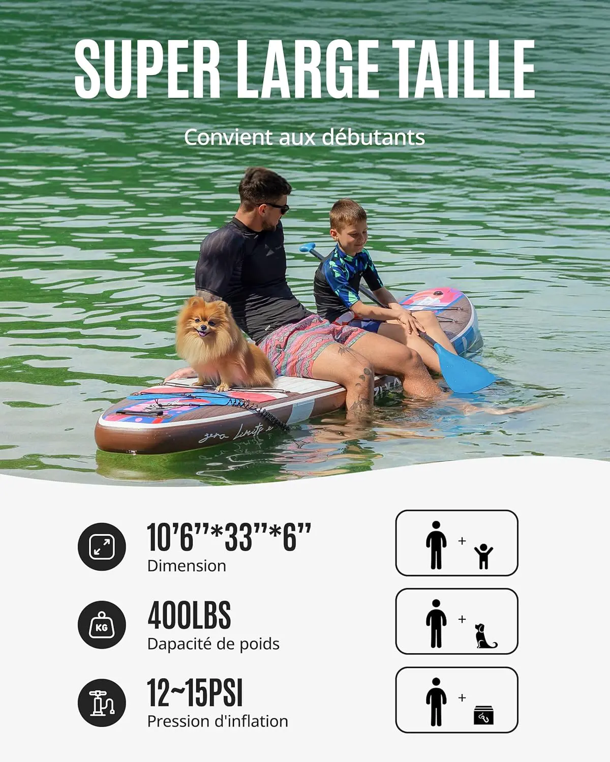 Paddle gonflable 2 places en bois vert 320 x 84cm vue 2