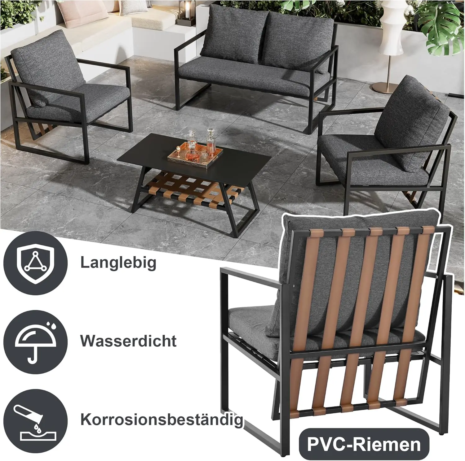 Salon de jardin 4 places en acier marron vue 2