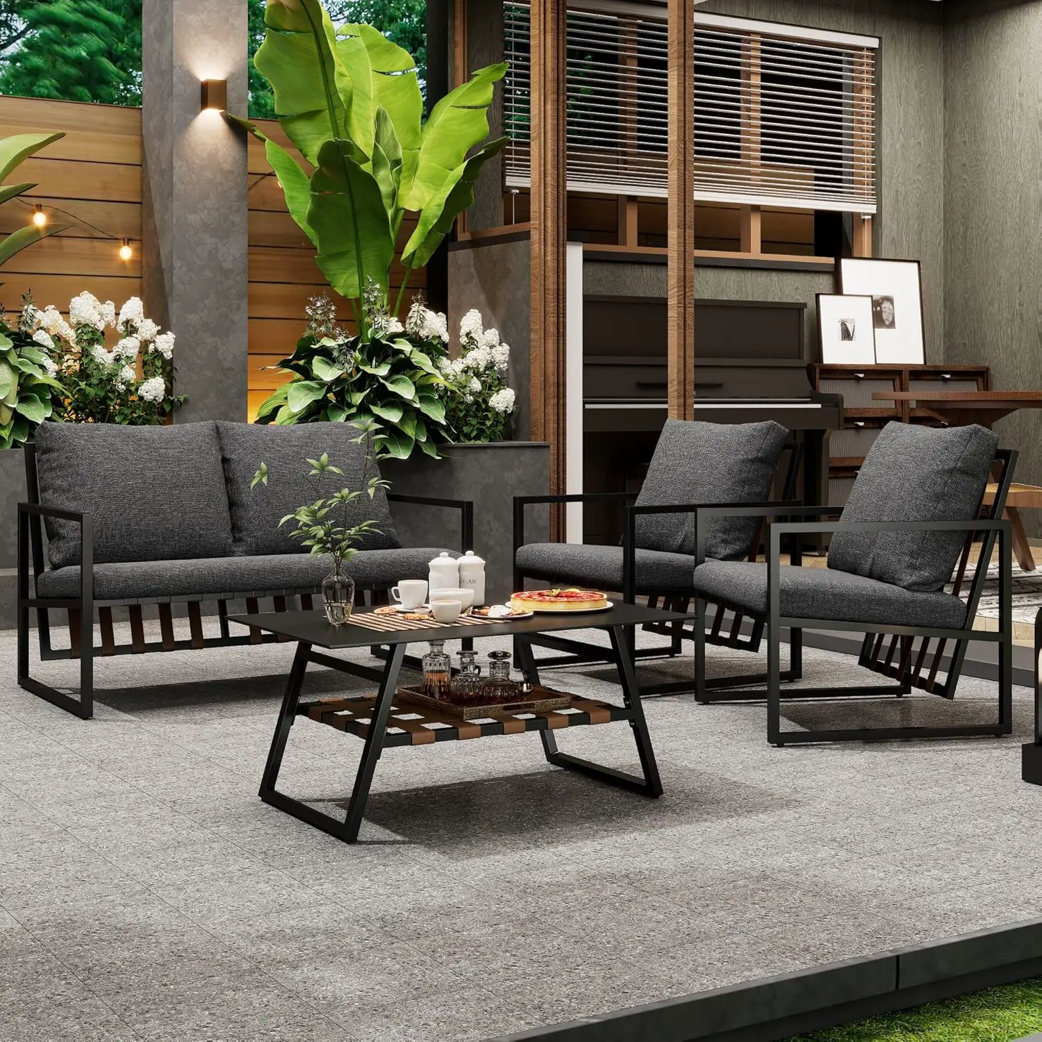 Salon de jardin 4 places en acier marron vue 3