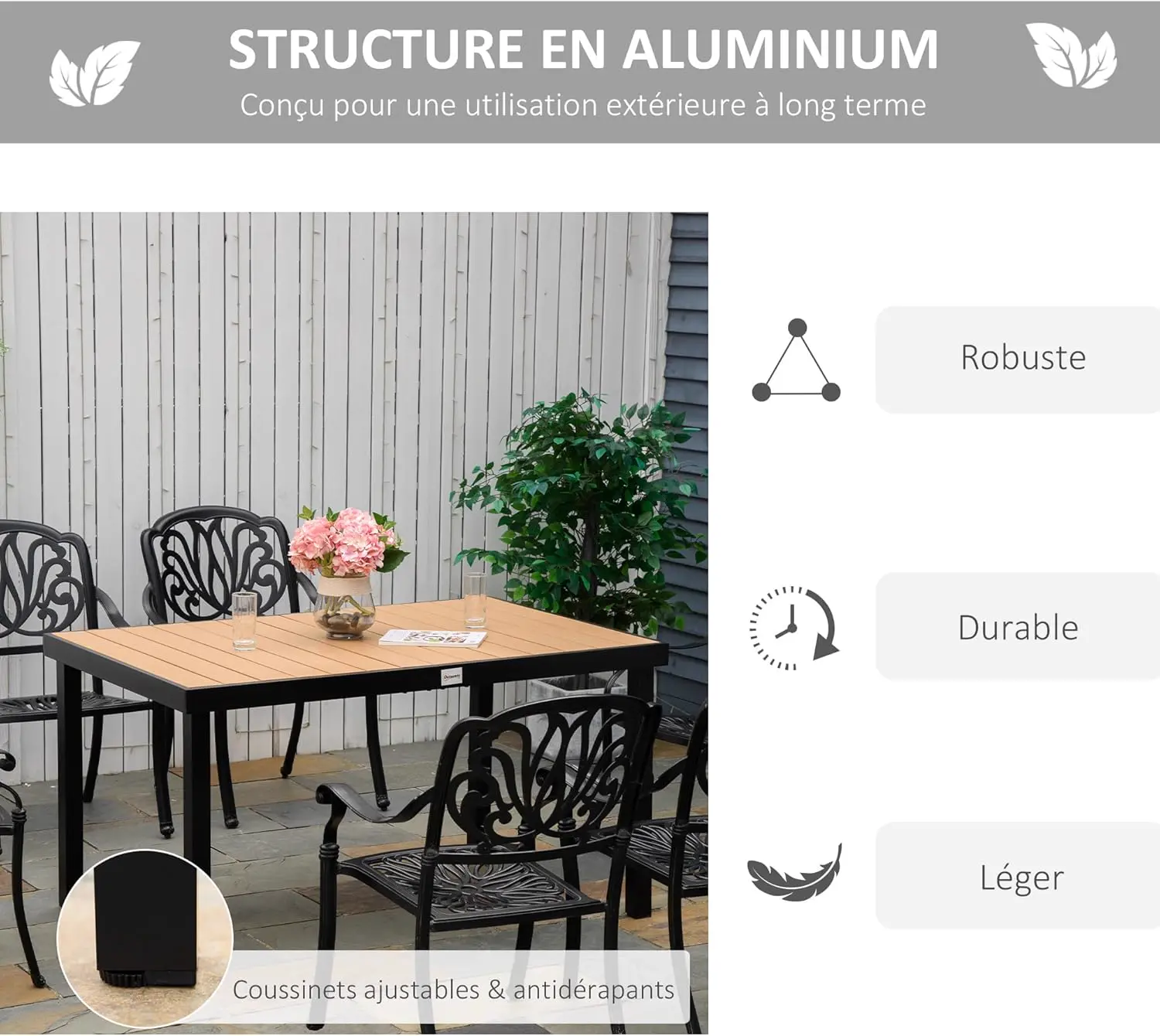 Table de jardin 6 places en aluminium naturel 90 x 74 cm vue 5
