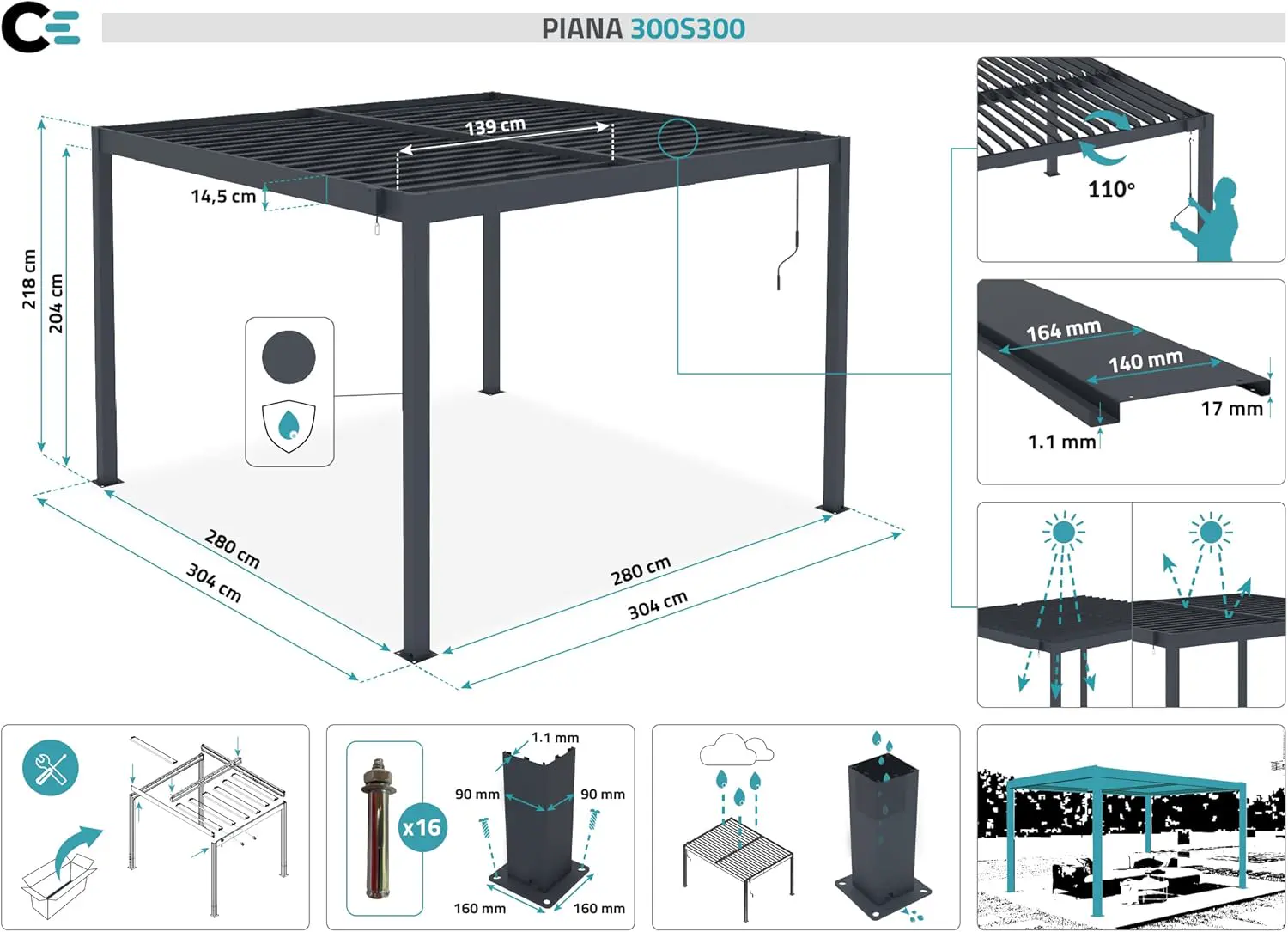 Pergola en aluminium gris 9 m² vue 2