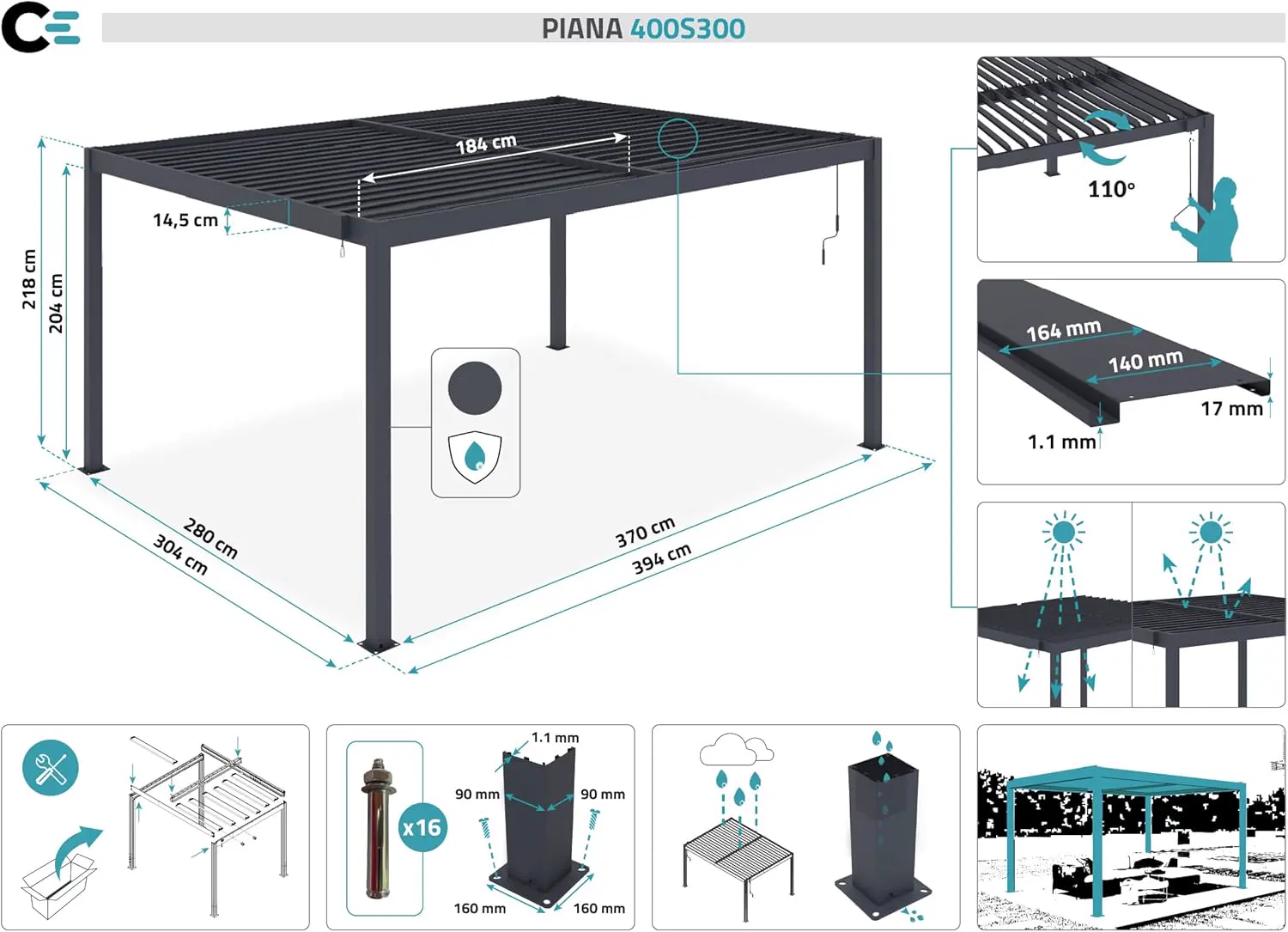 Pergola en acier gris 12 m² vue 2