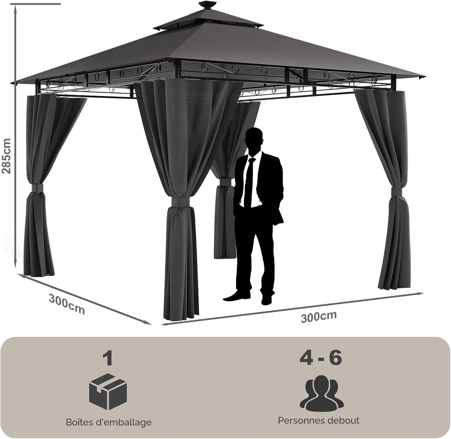 Tonnelle en acier gris 3x3m vue 3