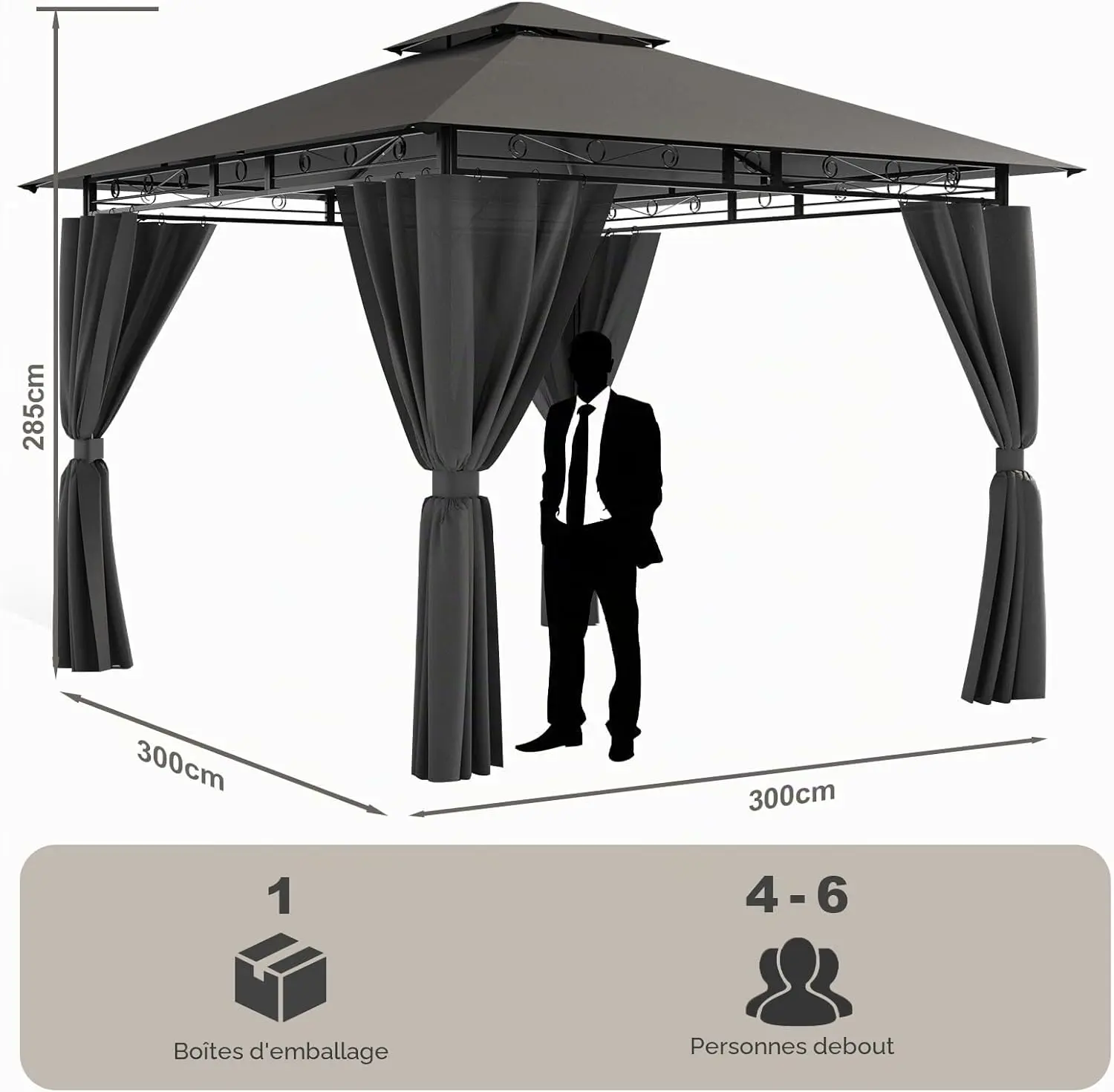 Tonnelle en aluminium gris 3x3m vue 3