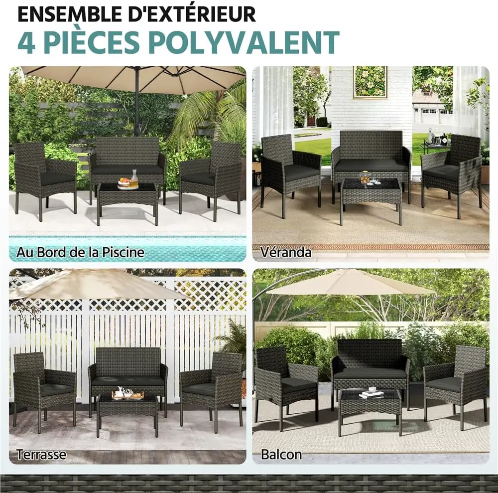 Salon de jardin 4 places en rotin gris 59,5x83,5 cm vue 2