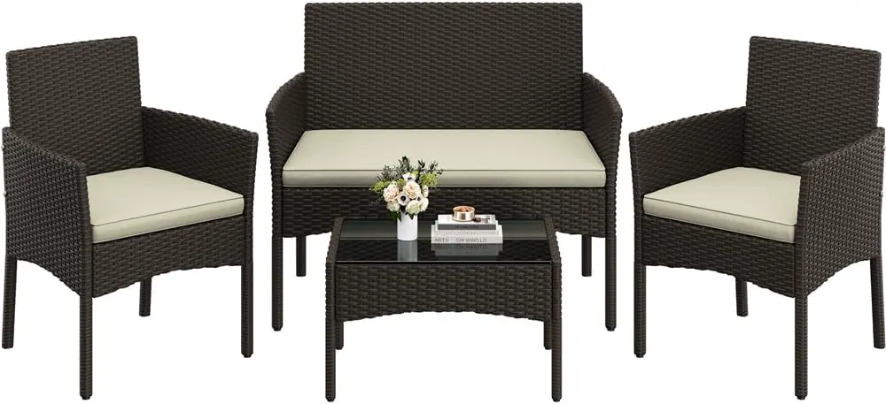Salon de jardin 4 places en rotin beige 59,5x83,5 cm vue 1