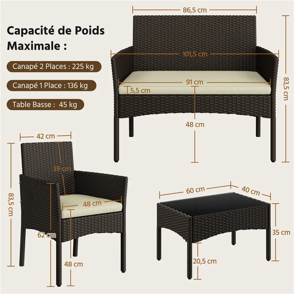 Salon de jardin 4 places en rotin beige 59,5x83,5 cm vue 3
