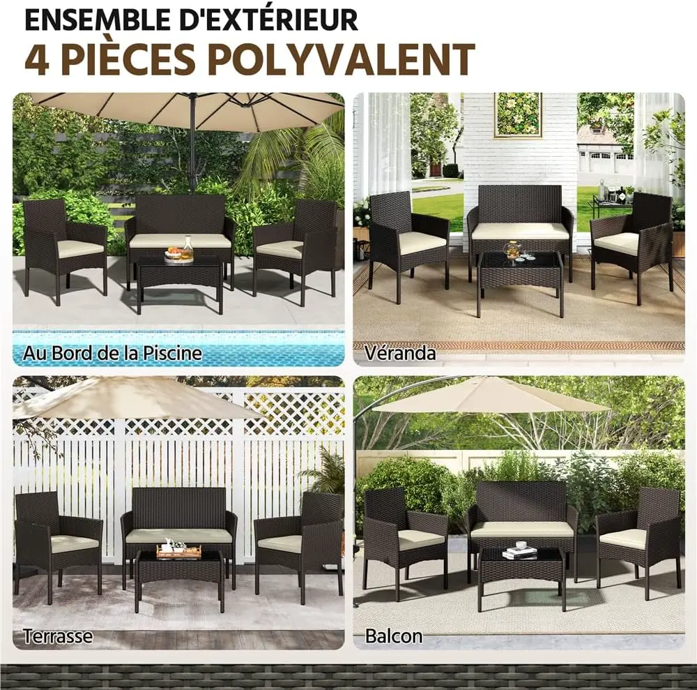 Salon de jardin 4 places en rotin beige 59,5x83,5 cm vue 8