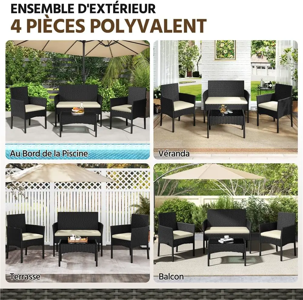 Salon de jardin 4 places en rotin noir 59,5x83,5 cm vue 2
