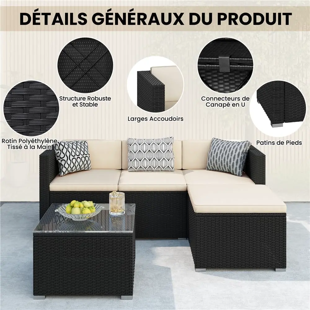 Salon de jardin 4 places en rotin noir 60,5 x 44 cm vue 4