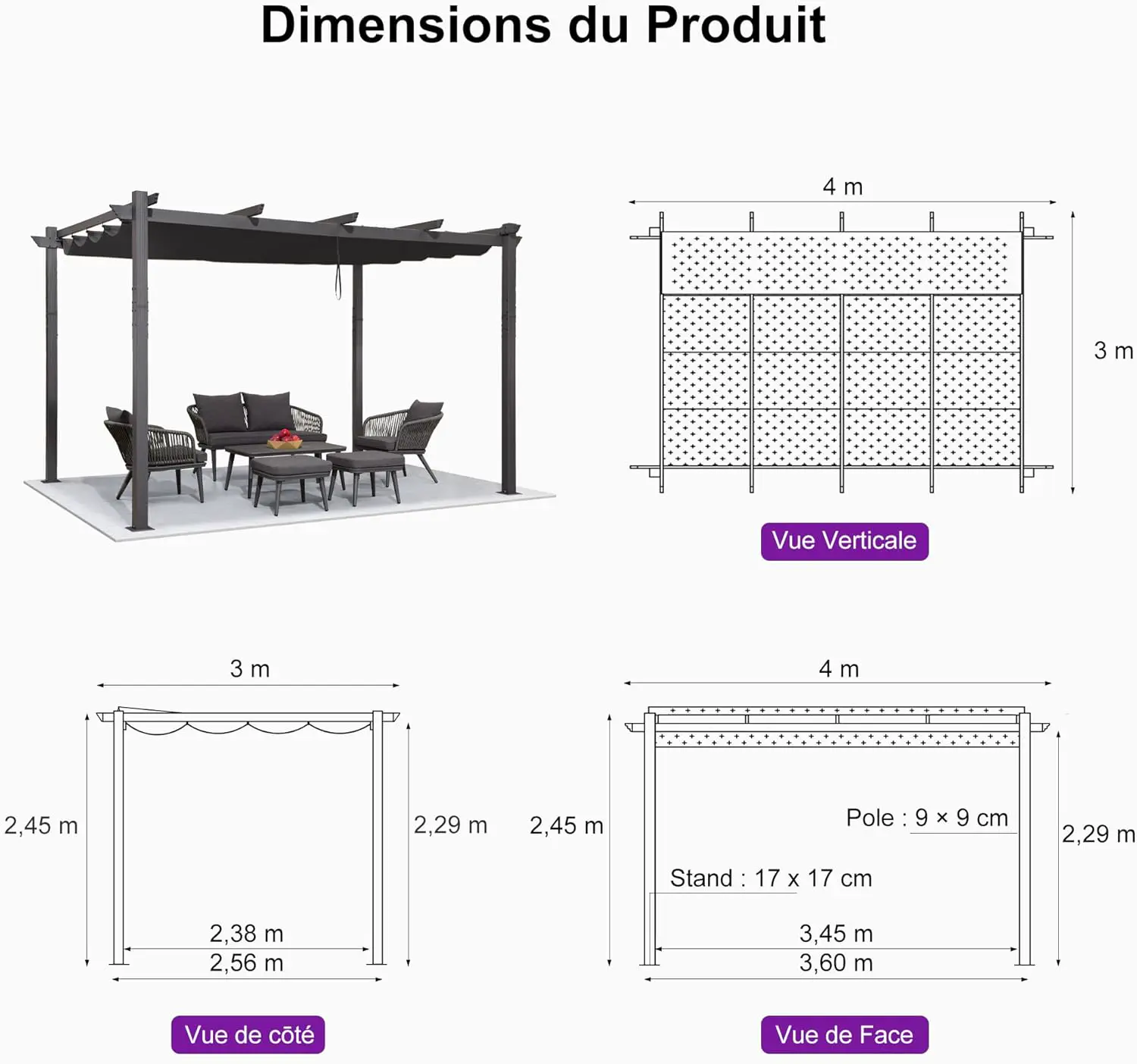 Pergola en aluminium gris 4 x 3 m vue 3