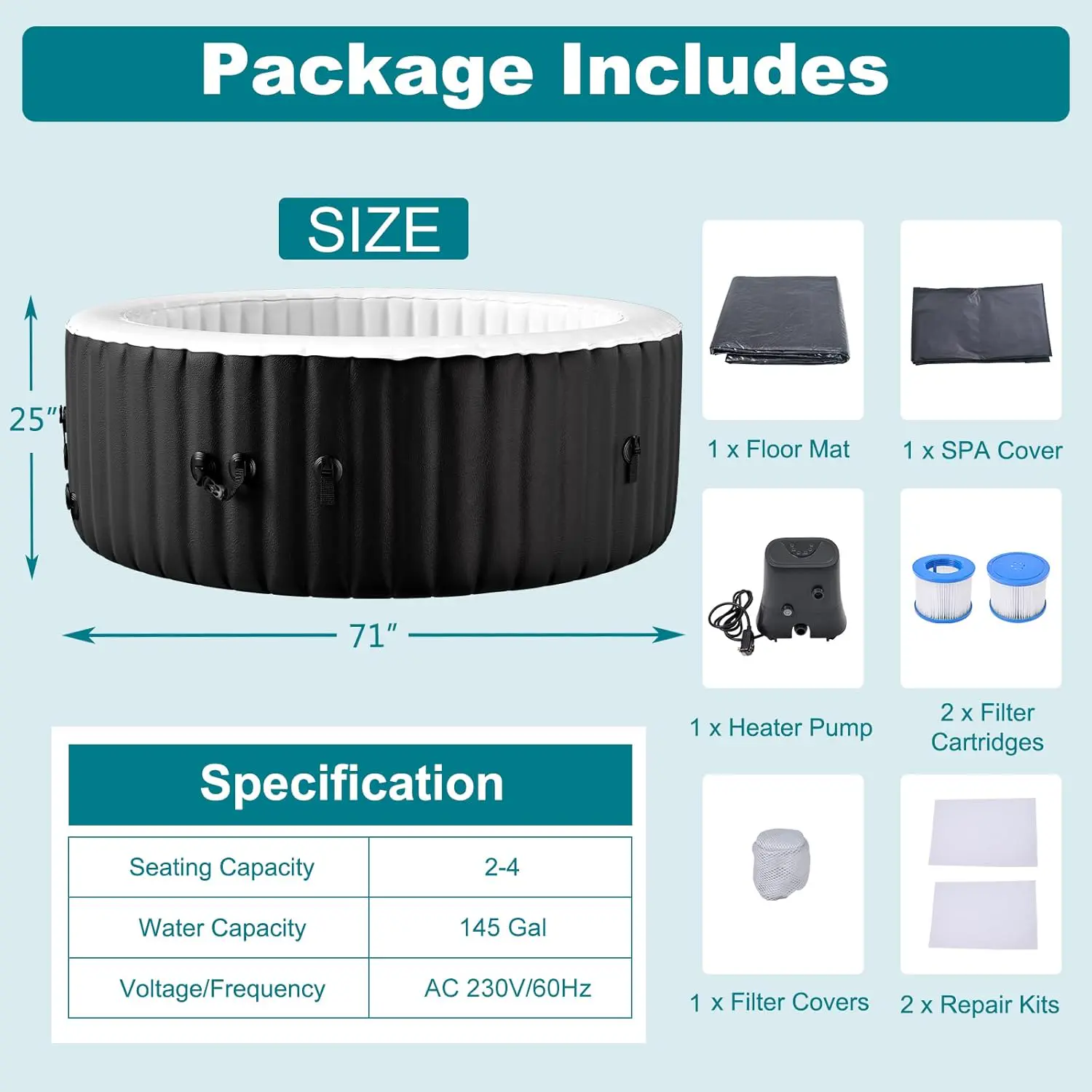 Spa gonflable 2 personnes 4 places noir 180 x 63,5 cm vue 3