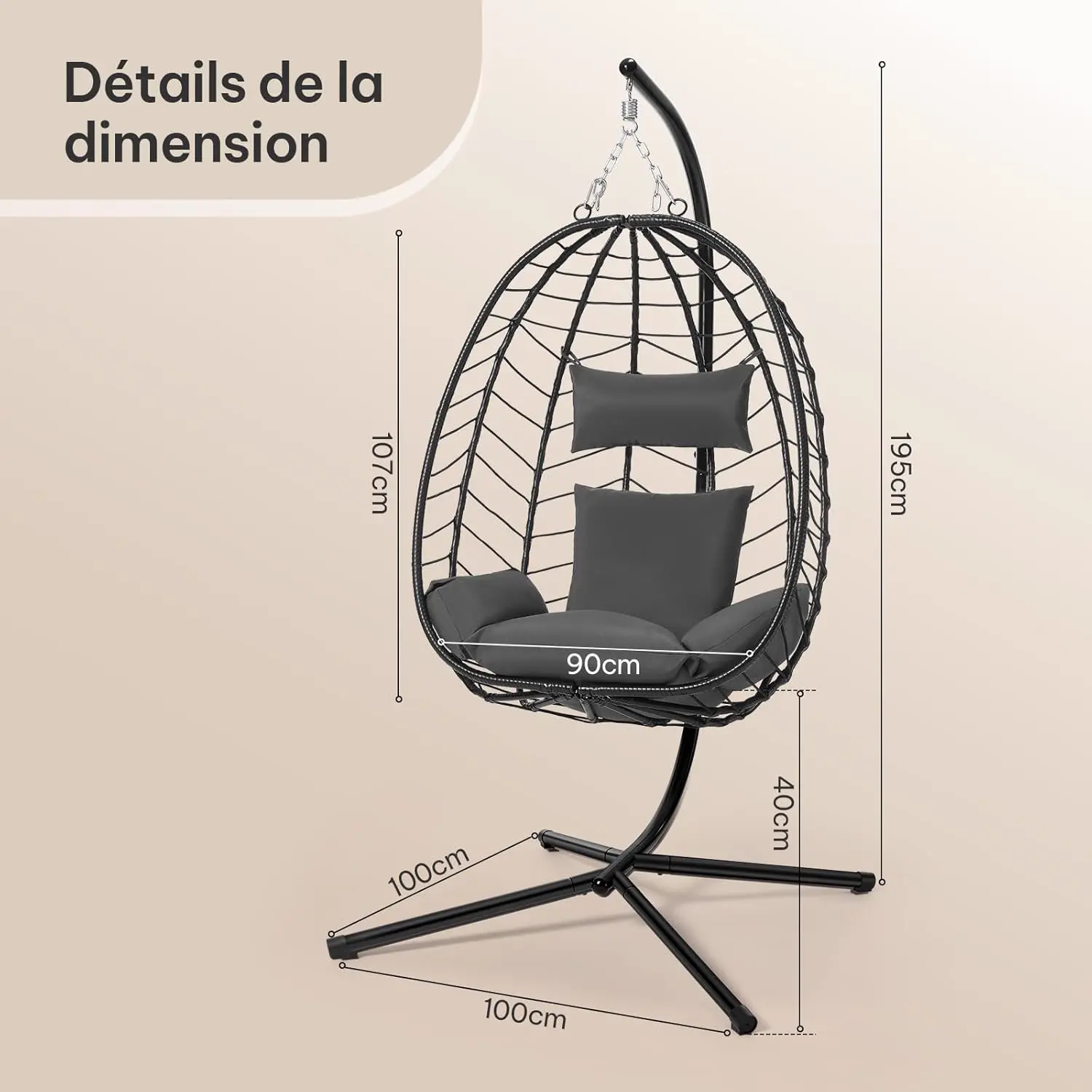 Fauteuils suspendus en rotin gris 100 x 196 cm vue 3