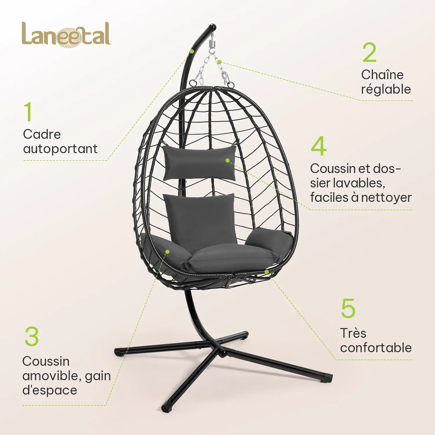 Fauteuils suspendus en rotin gris 100 x 196 cm vue 4