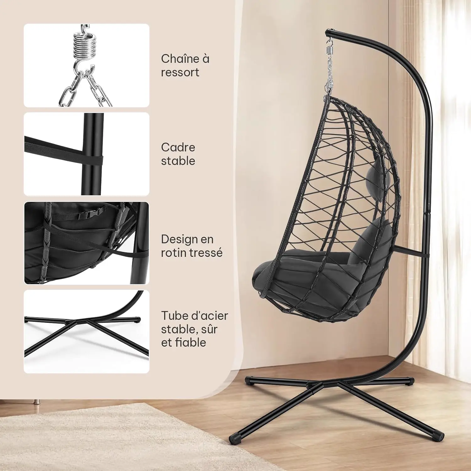 Fauteuils suspendus en rotin gris 100 x 196 cm vue 5