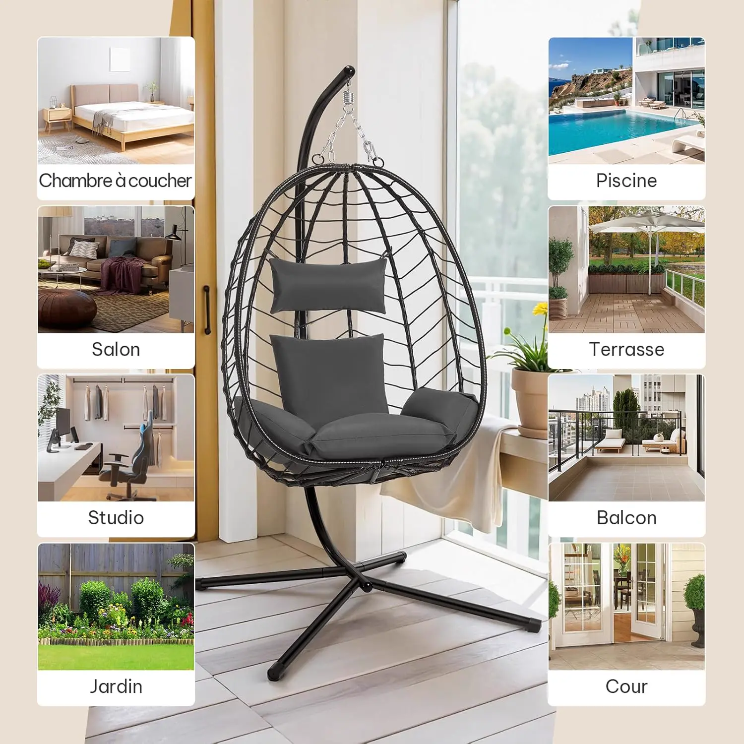 Fauteuils suspendus en rotin gris 100 x 196 cm vue 8