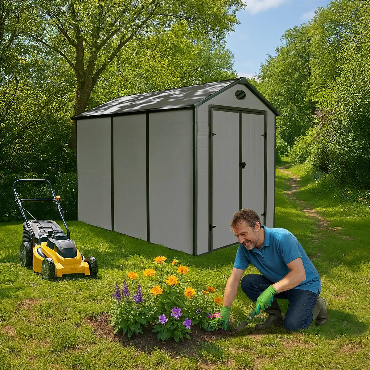 Abri de jardin en résine en acier gris 5,32m² vue 2