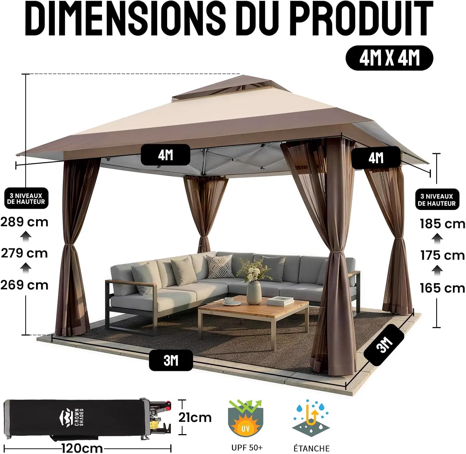Tonnelle en acier beige 4 x 4 m vue 2