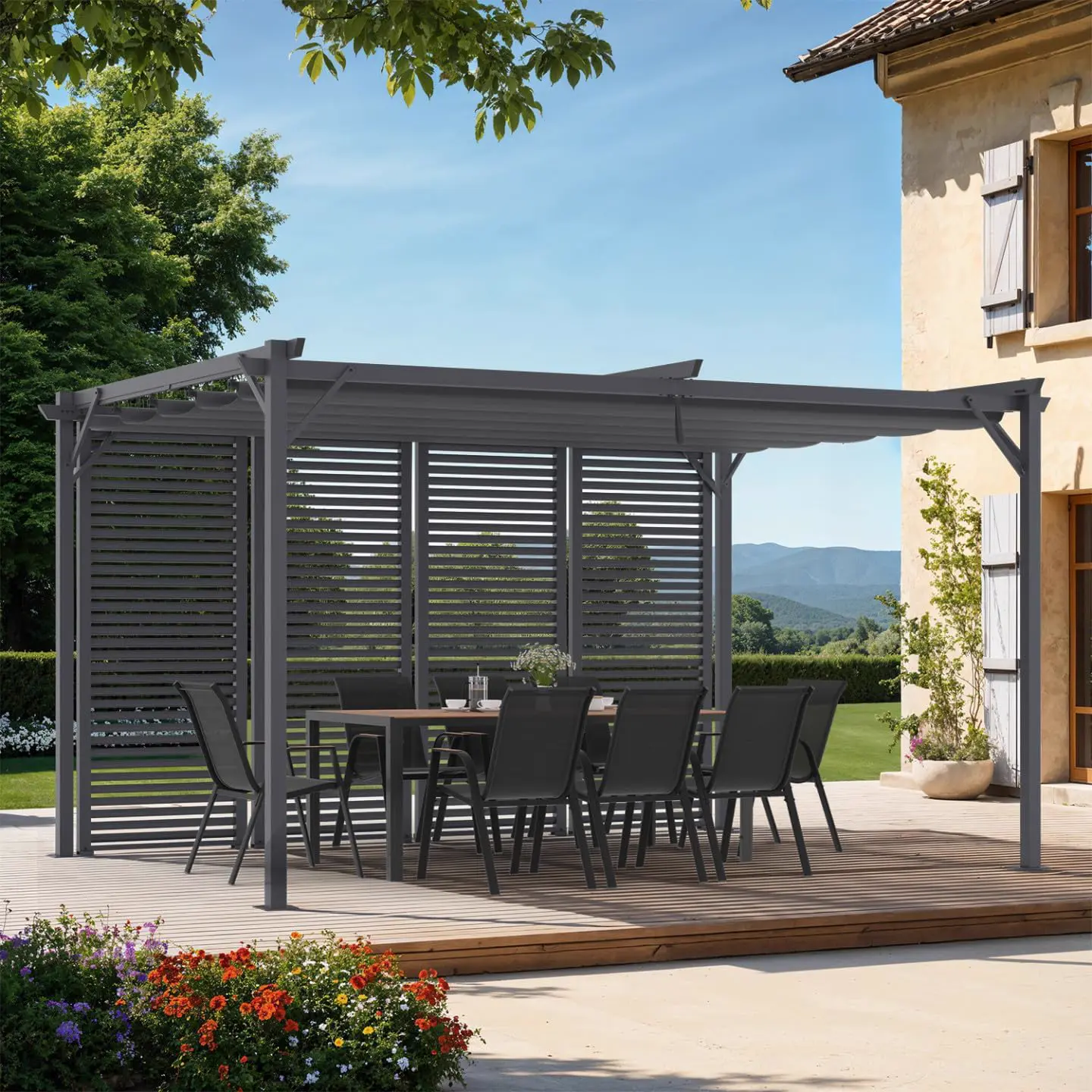 Pergola en acier gris 3x4 m rétractable vue 2
