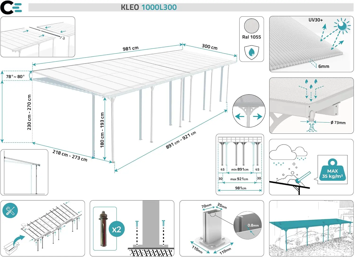 Pergola en aluminium blanc 30m² adossée vue 2