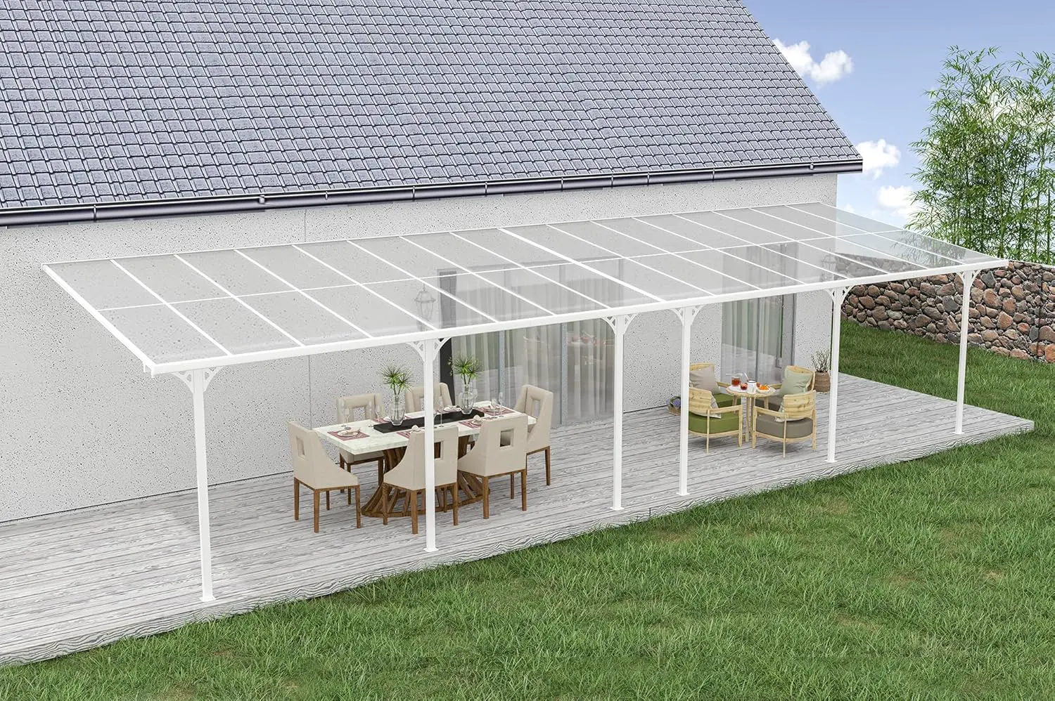 Pergola en aluminium blanc 30m² adossée vue 6