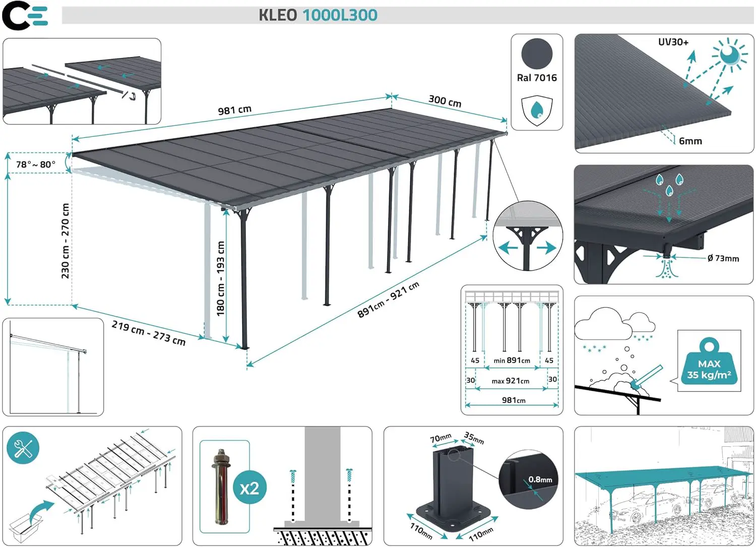 Pergola en aluminium gris 15 m² adossée vue 2
