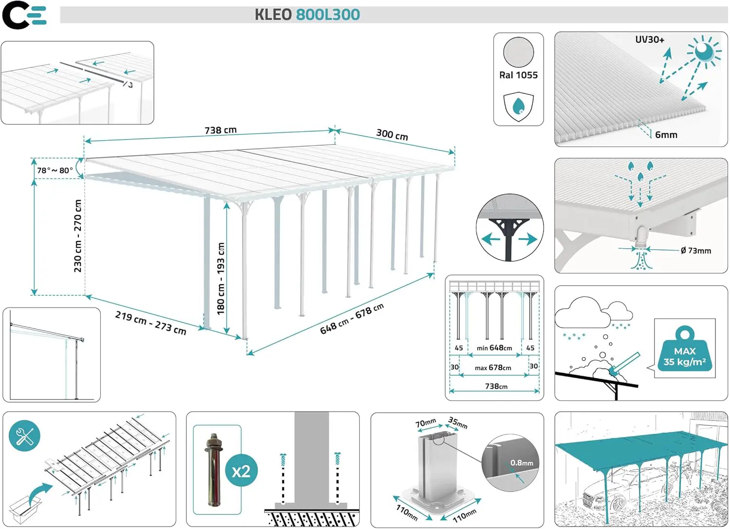 Pergola en aluminium blanc 24m² adossée vue 2