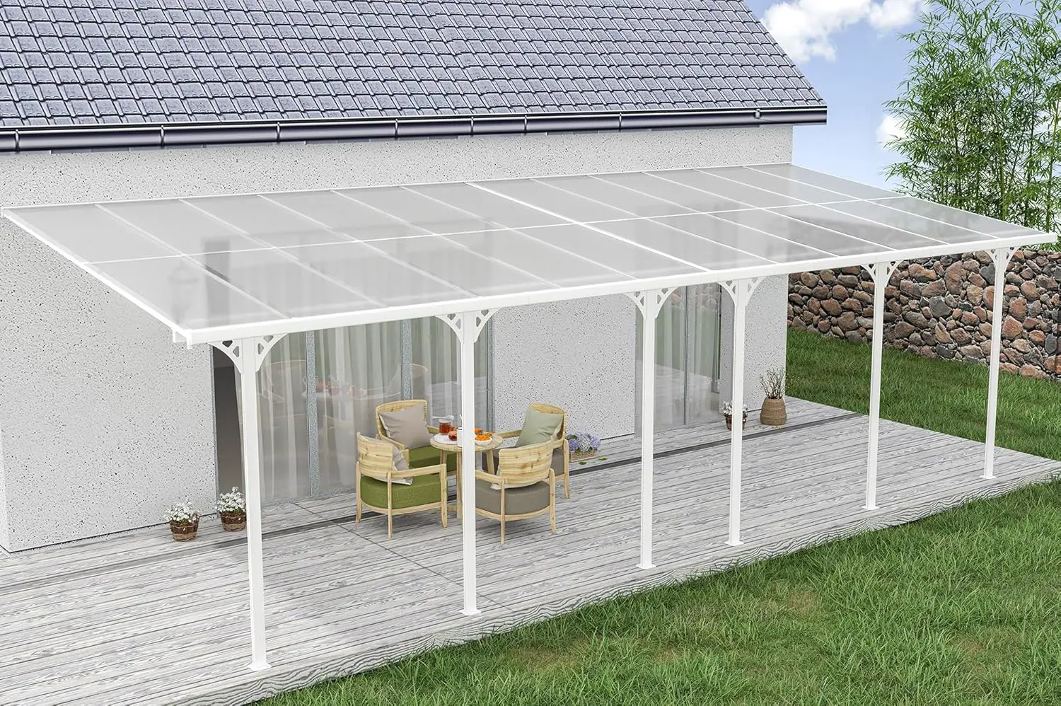 Pergola en aluminium blanc 24m² adossée vue 6