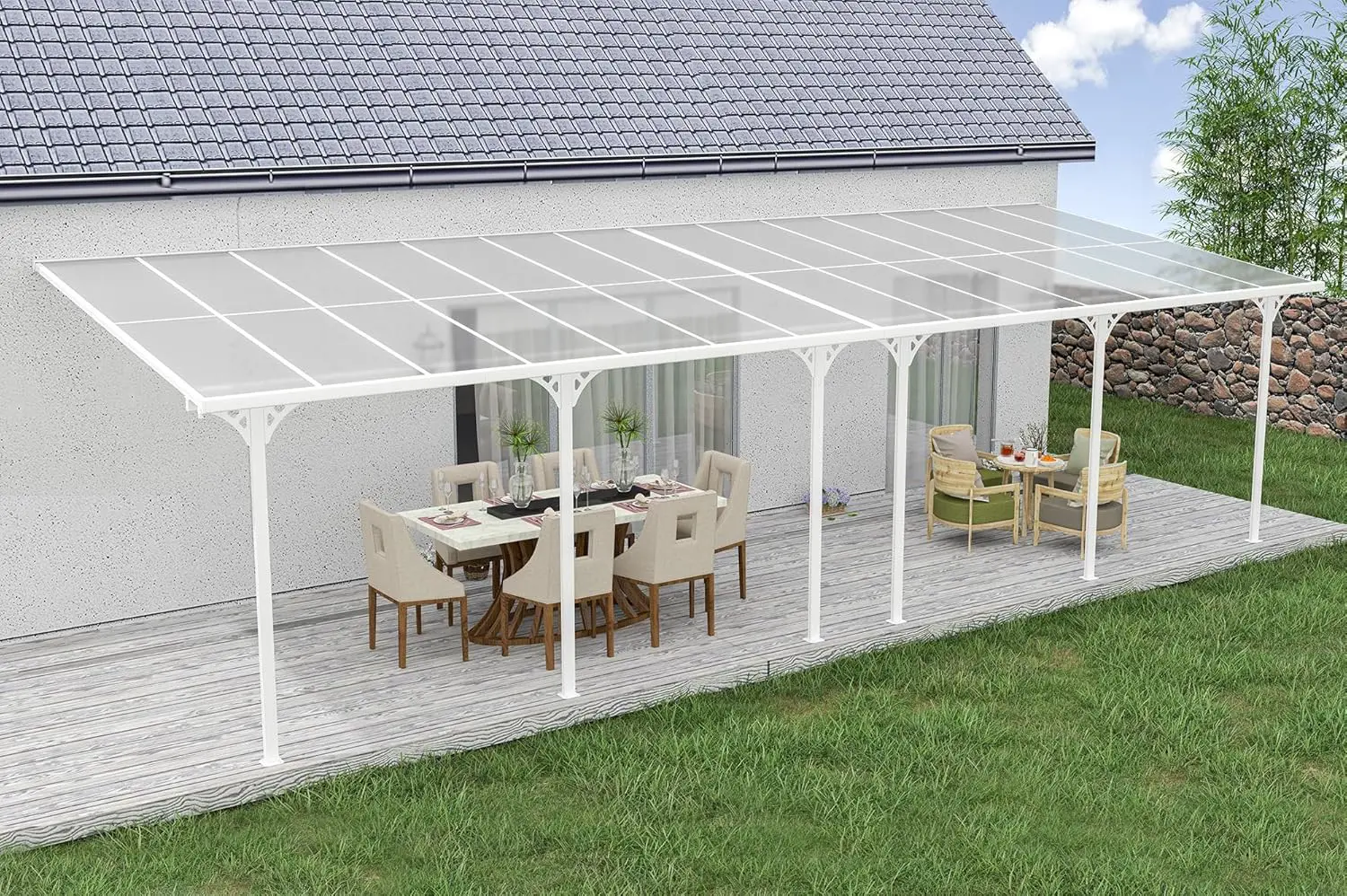 Pergola en aluminium blanc 27m² adossée vue 6