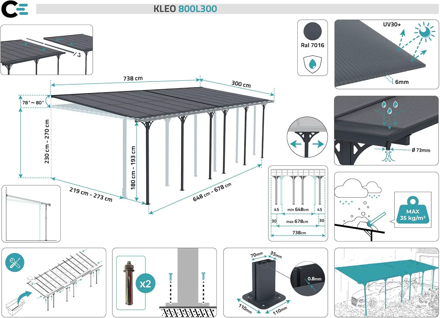 Pergola en aluminium gris 22,44 m² adossée vue 2