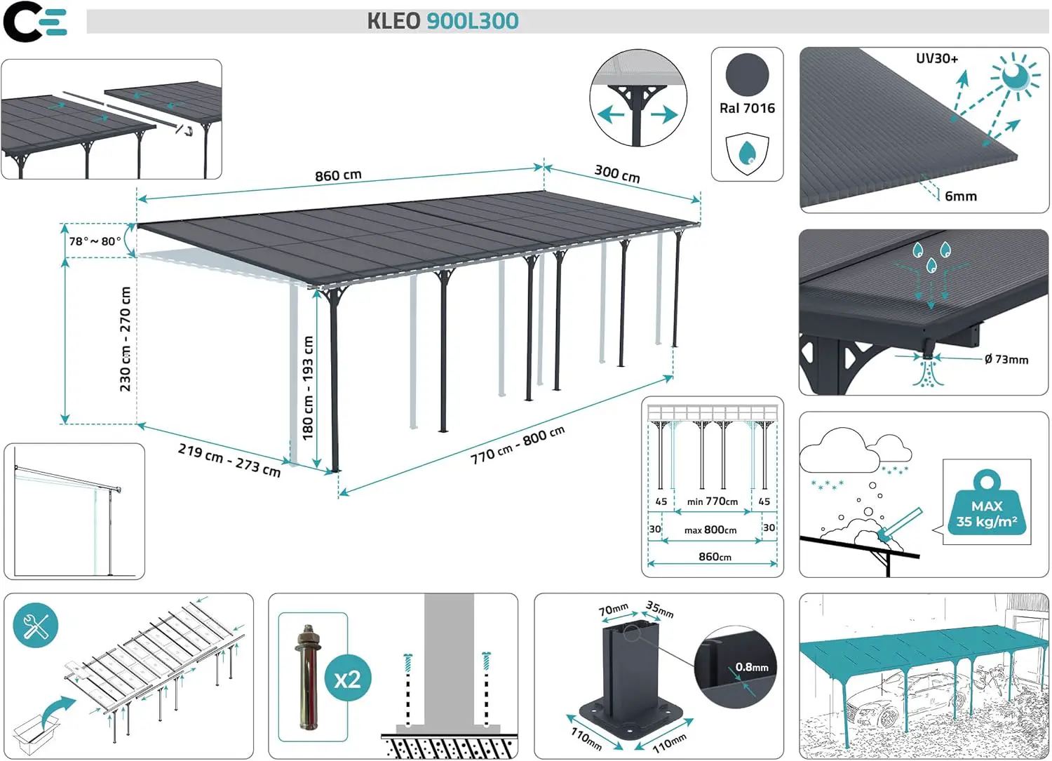 Pergola en aluminium gris 27m² adossée vue 2