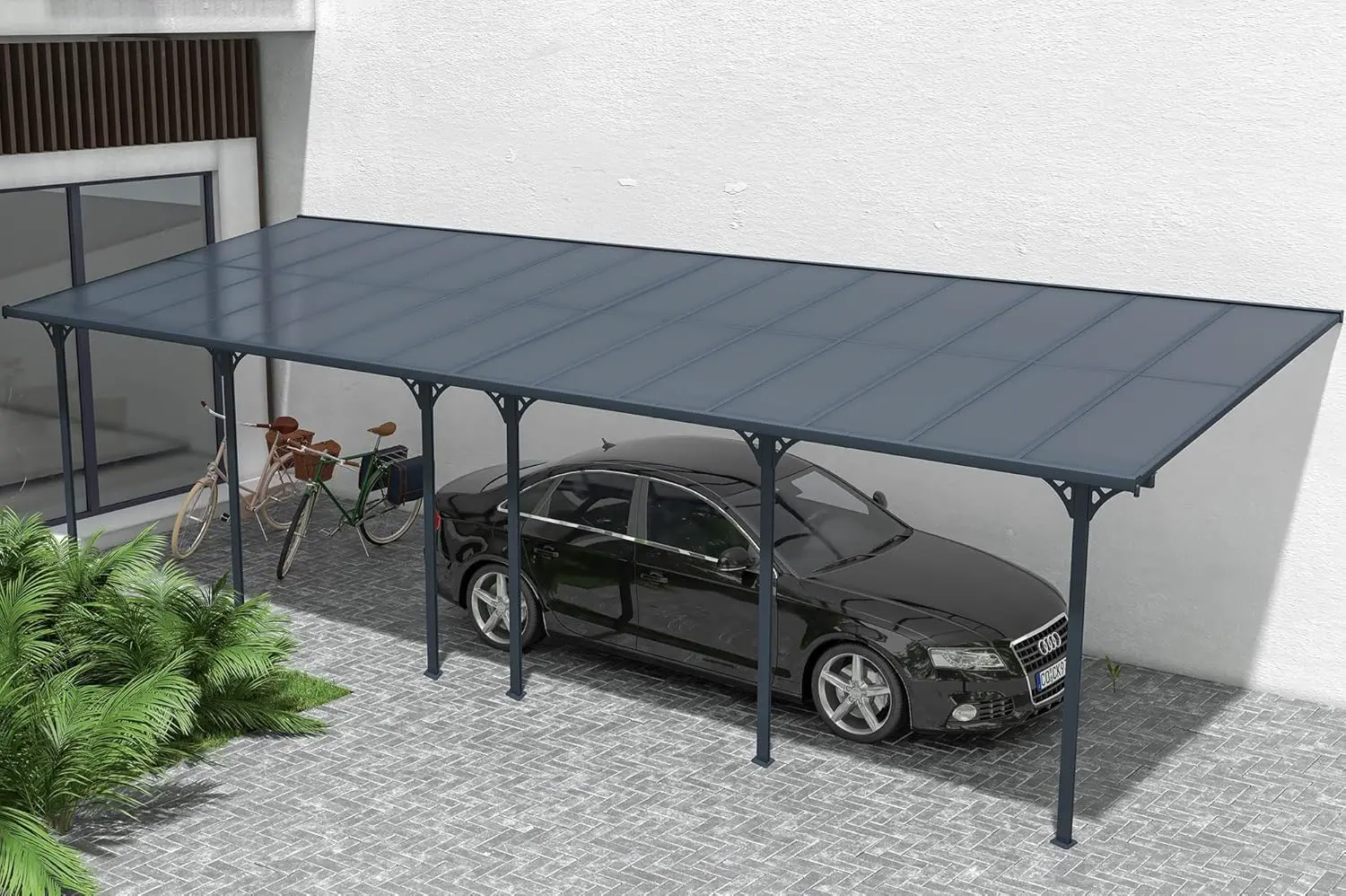 Pergola en aluminium gris 27m² adossée vue 6
