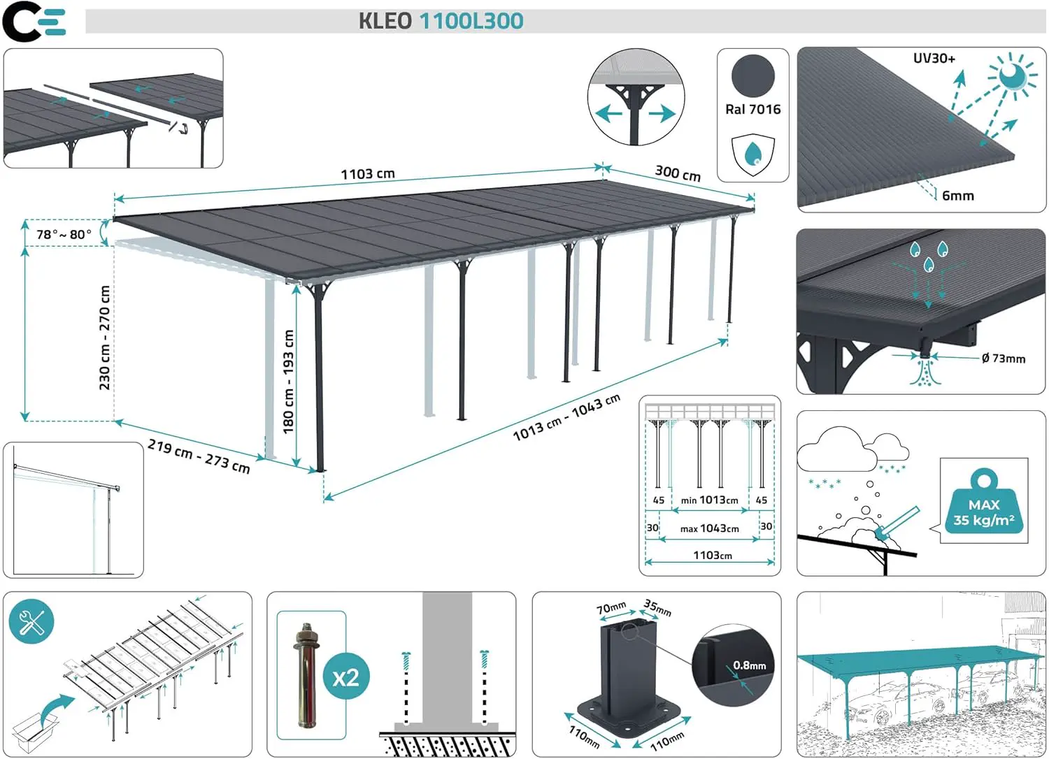 Pergola en aluminium gris 15 m² adossée vue 2