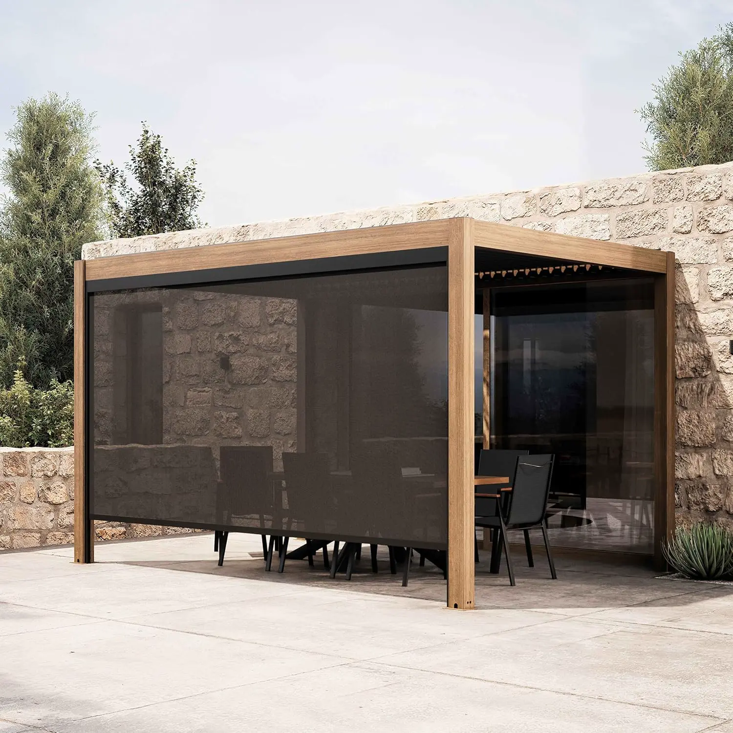 Pergola en aluminium gris 12 m² autoportée 1 store vue 2