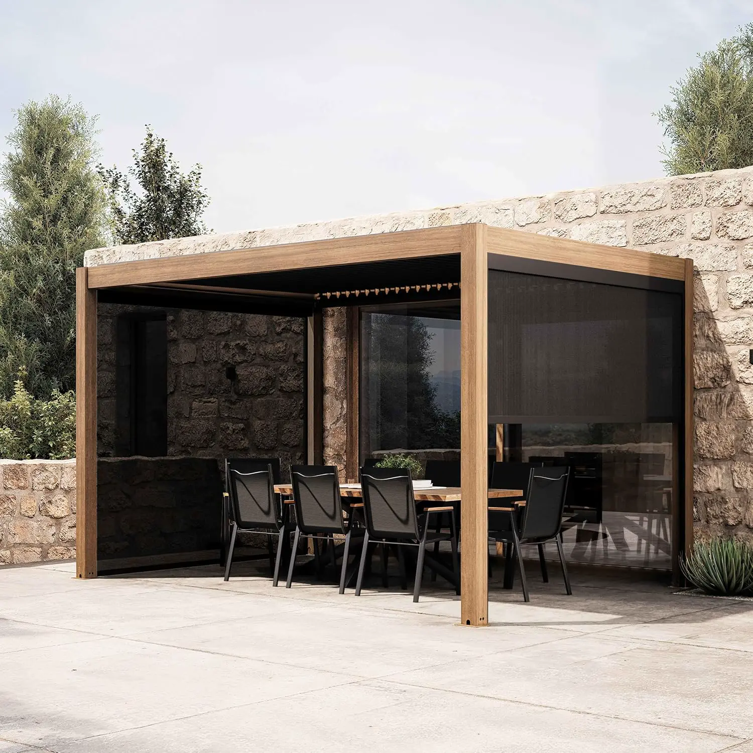 Pergola en bois gris 12 m² autoportée 2 stores vue 2