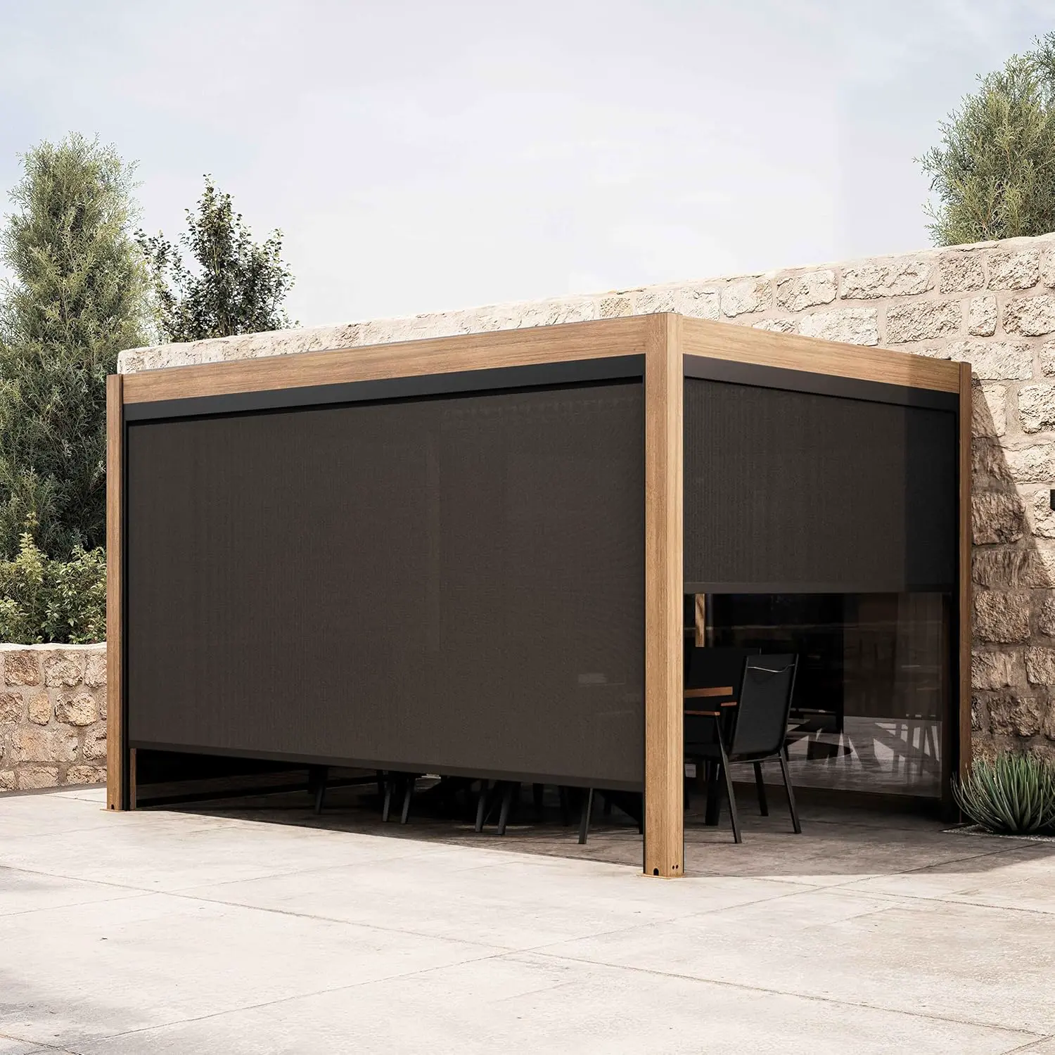 Pergola en aluminium gris 12 m² autoportée 3 stores vue 2
