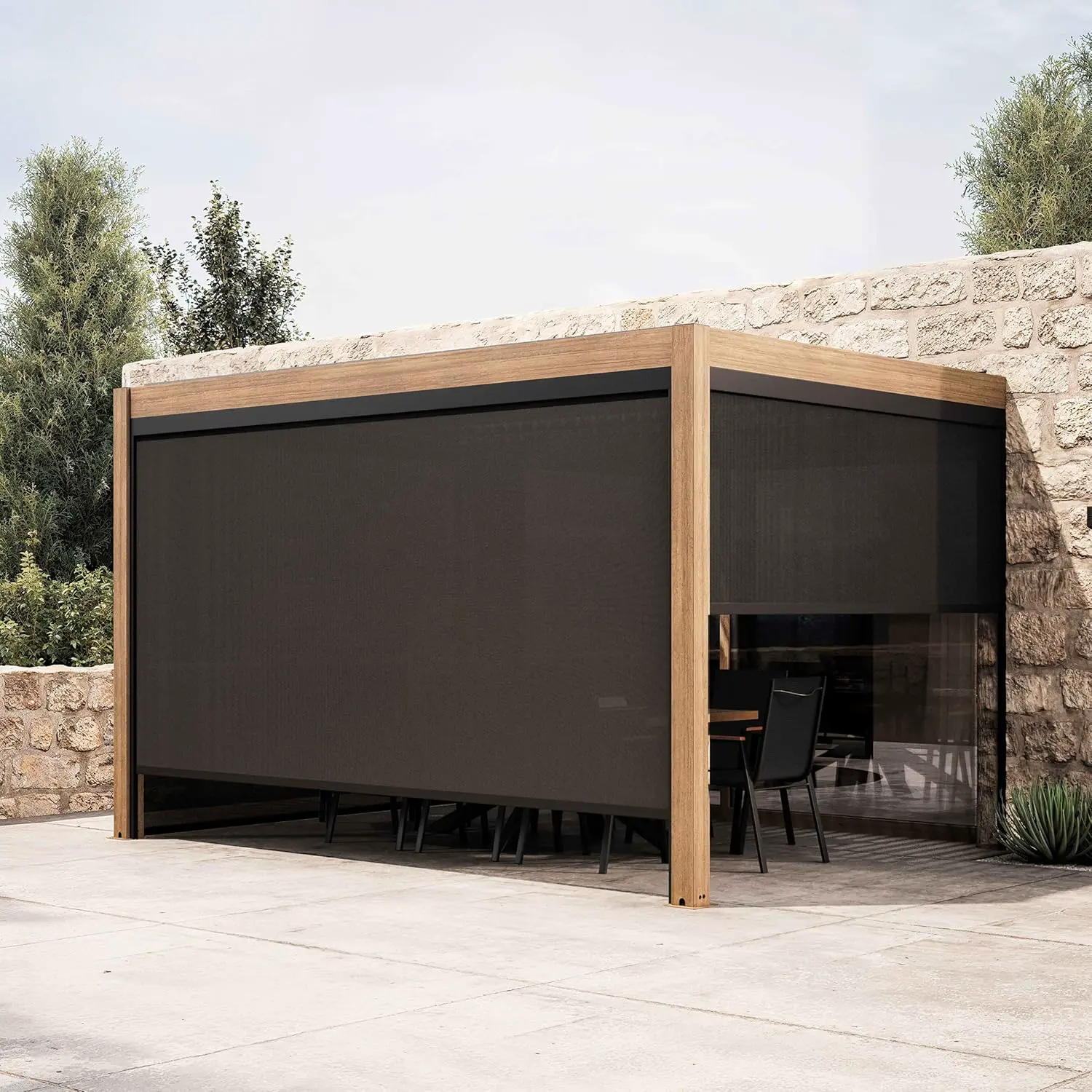 Pergola en bois gris 3x4m adossée 3 stores vue 2